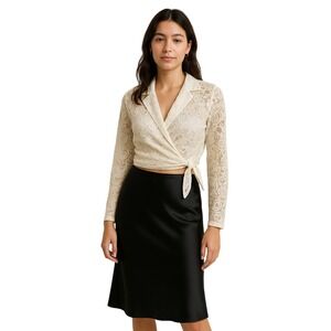 Spiegel Womens Blouse‎ Vintage Ivory Lace Cropped Wrap Tie Waist Coquette Blouse